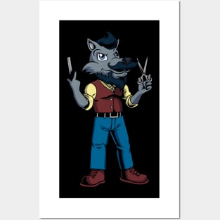 Cartoon wolf is the barber Posters and Art
